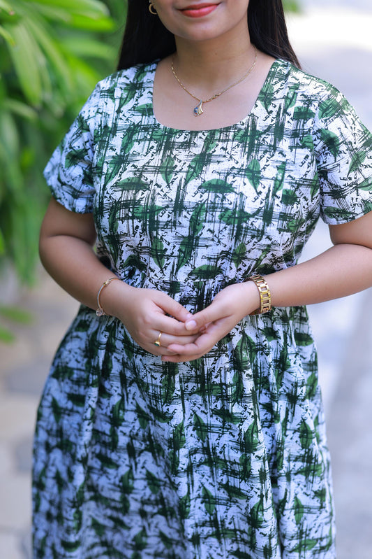 White With Dark Green design with side zip Frock