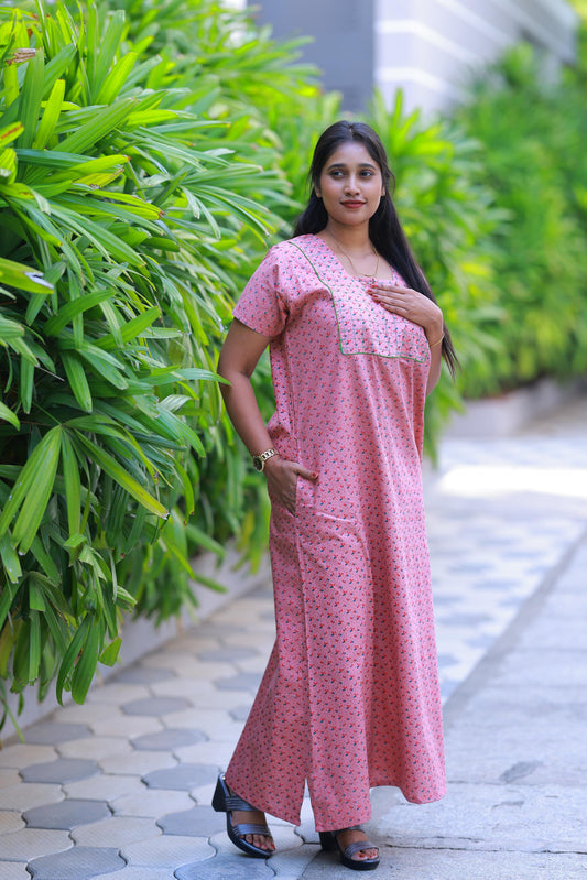 Light Pink with Green floral design Zip Nighty