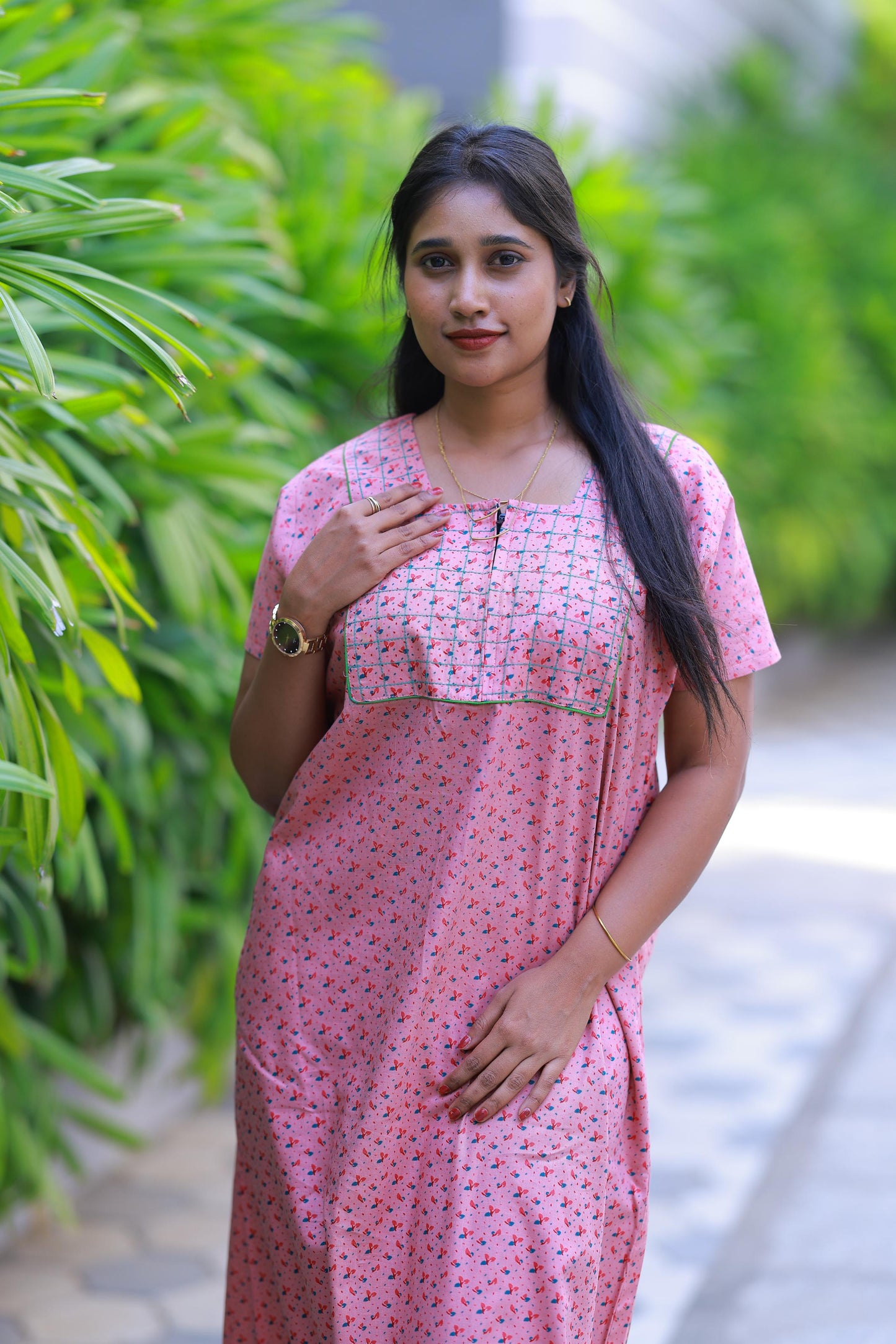 Light Pink with Green floral design Zip Nighty