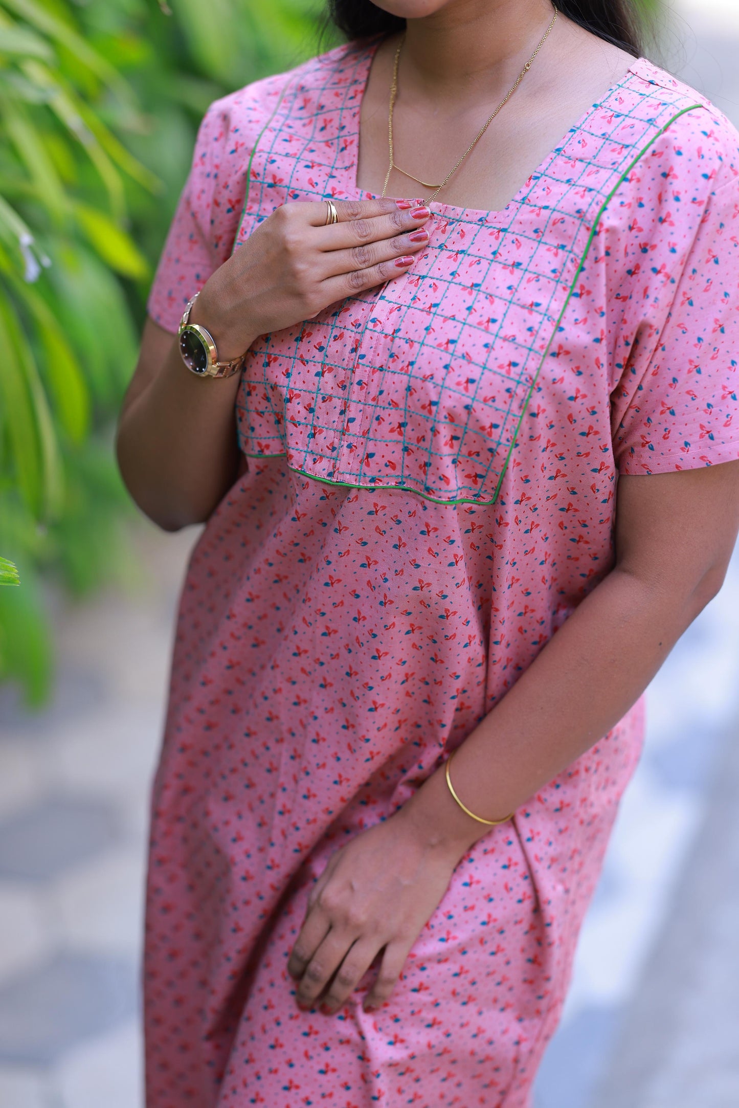 Light Pink with Green floral design Zip Nighty