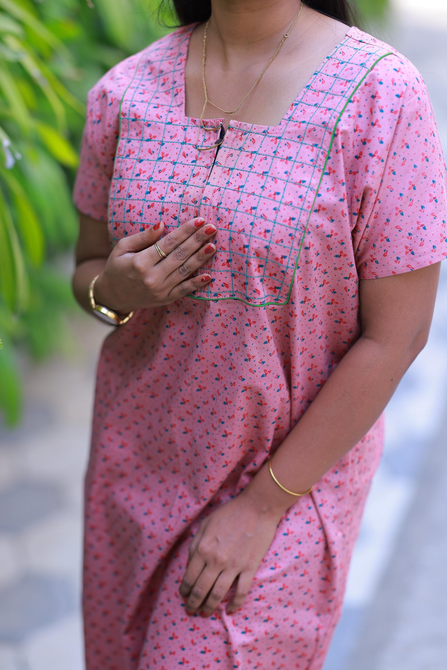 Light Pink with Green floral design Zip Nighty