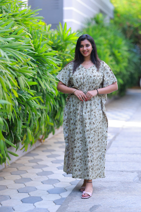 Light Green Flower cotton kaftan with feeding side zip