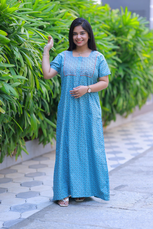 Light Green with Red Flower design Zip Nighty - AHA Nightwears