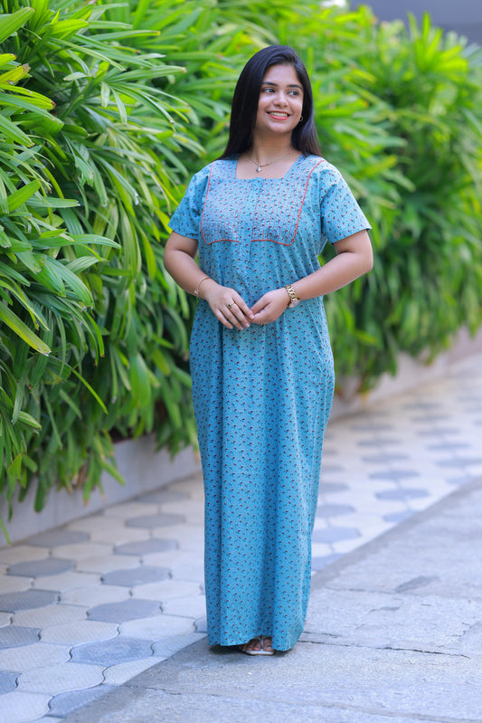 Light Blue with Red floral design zip Nighty