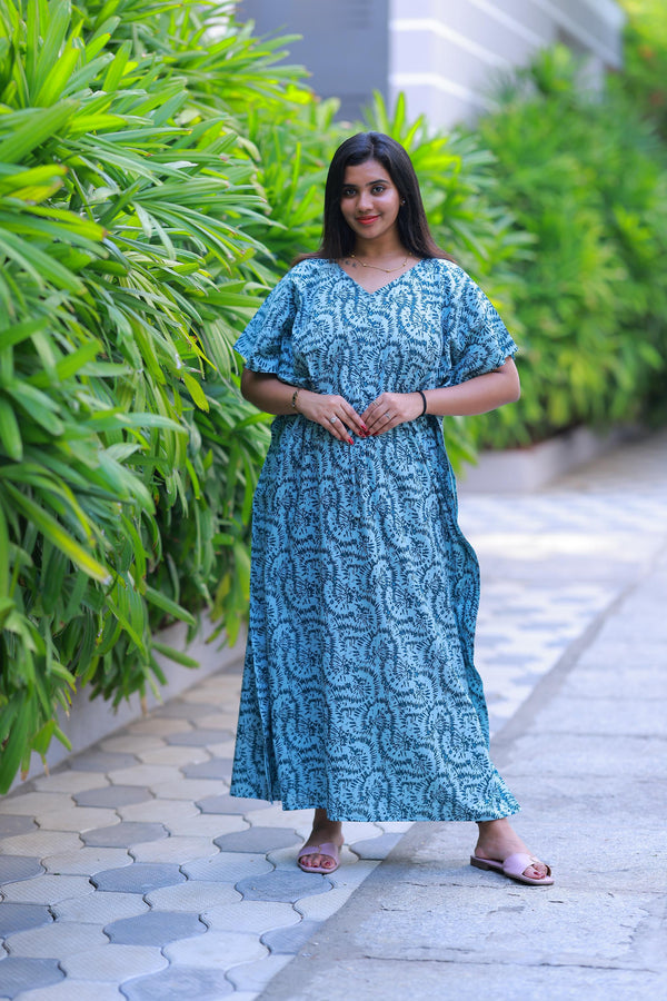 Light Green With Blue casual cotton kaftan with center zip