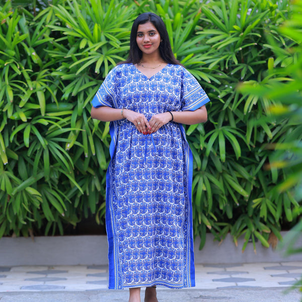 Dark Blue With White Flower casual cotton kaftan with center zip - AHA Nightwears