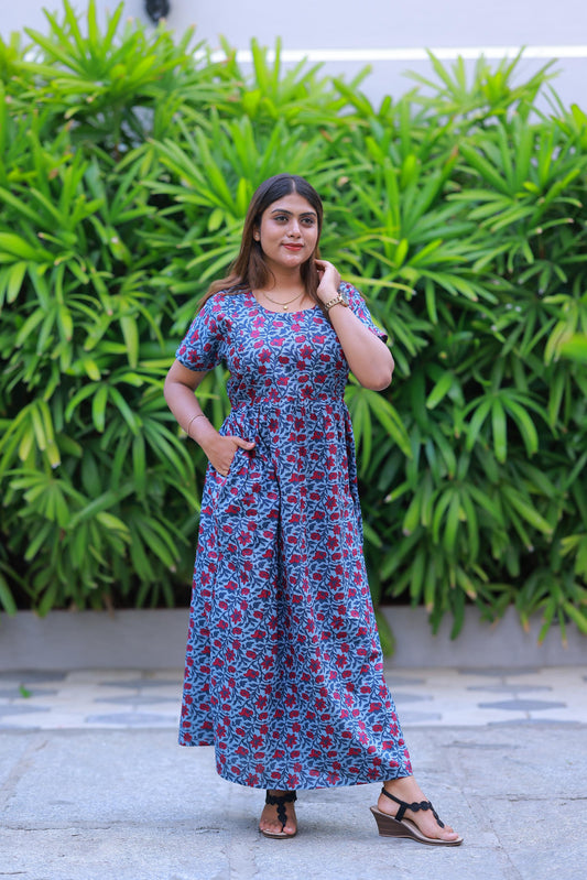 Light Gray With Red Flower design with side zip  Frock