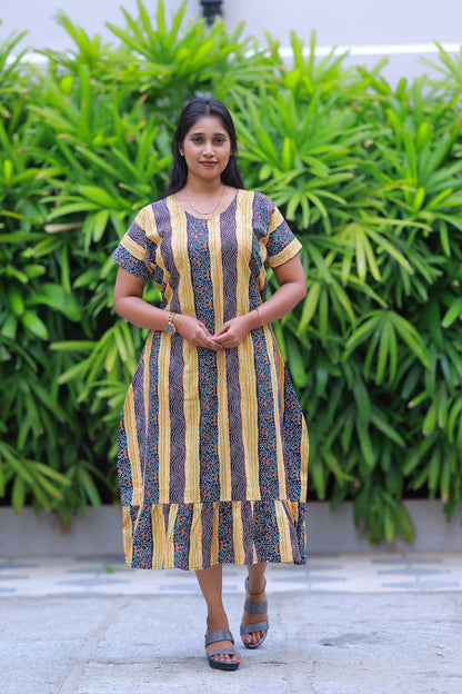 Yellow With Dark Maroon Colour Dot Design Without Zip Midi gown Nighty