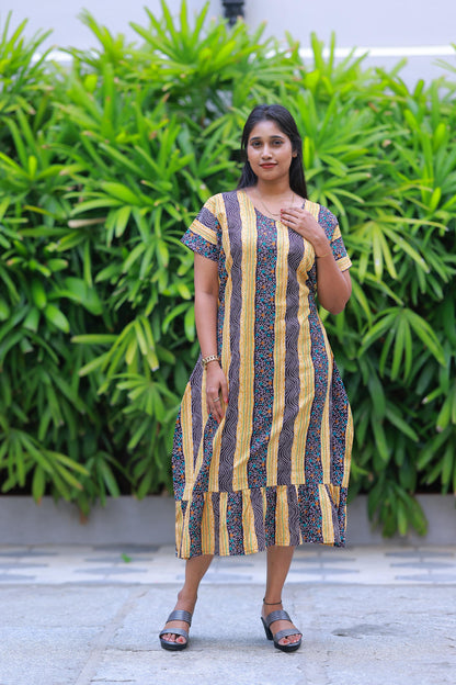 Yellow With Dark Maroon Colour Dot Design Without Zip Midi gown Nighty