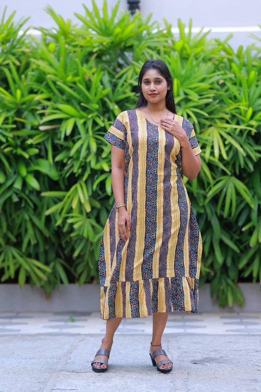 Yellow With Dark Maroon Colour Dot Design Without Zip Midi gown Nighty