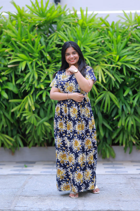 Dark Navy With Yellow Flower design with side zip  Frock