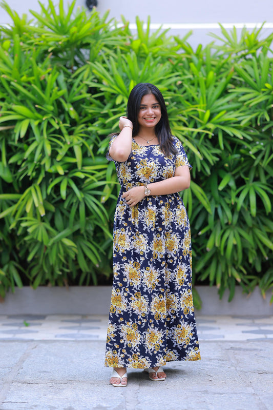 Dark Navy With Yellow Flower design with side zip  Frock