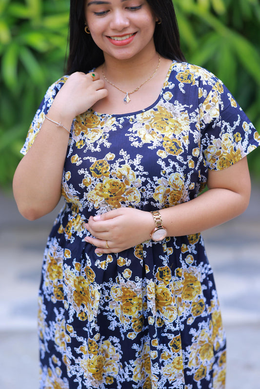 Dark Navy With Yellow Flower design with side zip  Frock