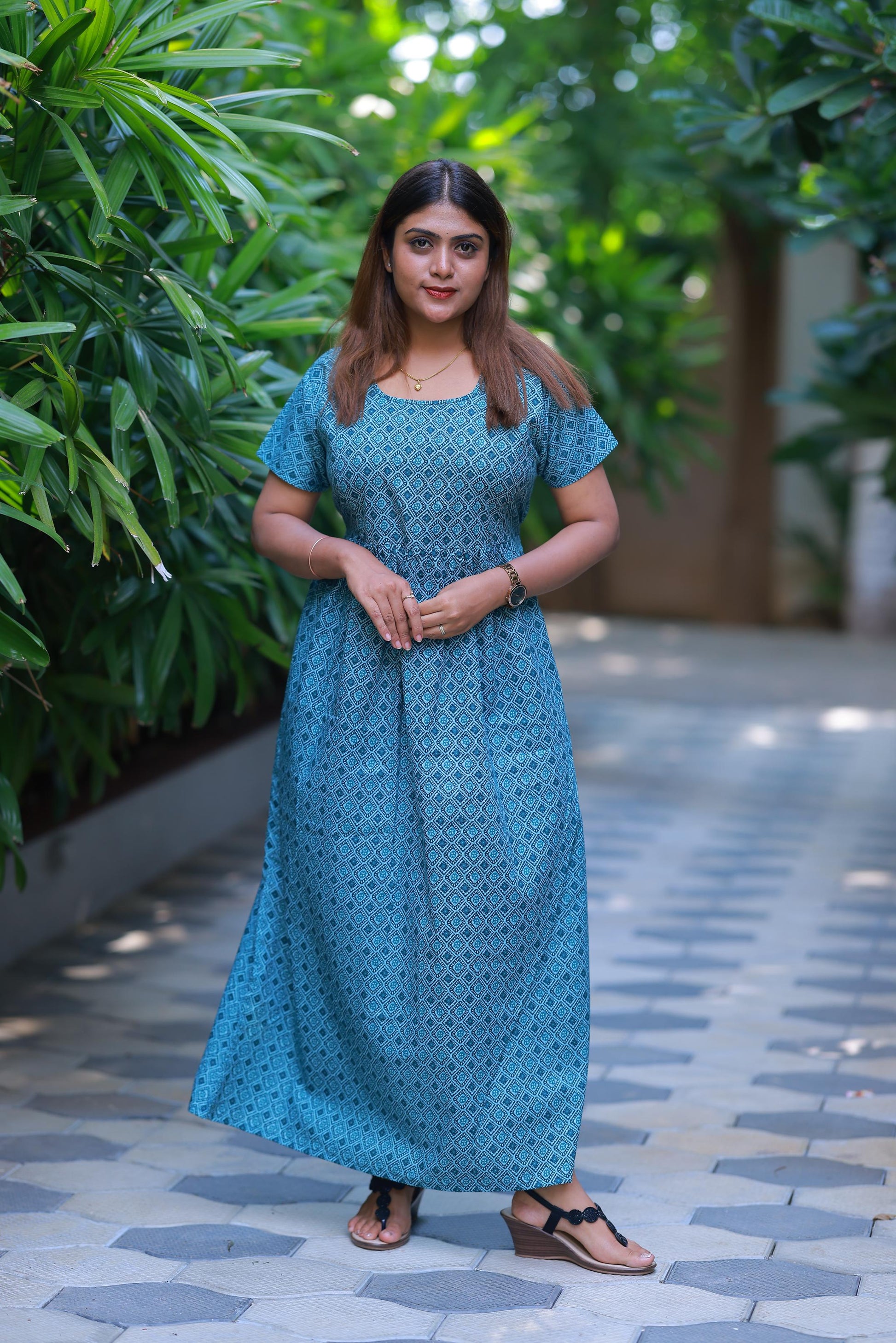 Light Blue With Gray Floral design with side zip  Frock - AHA Nightwears
