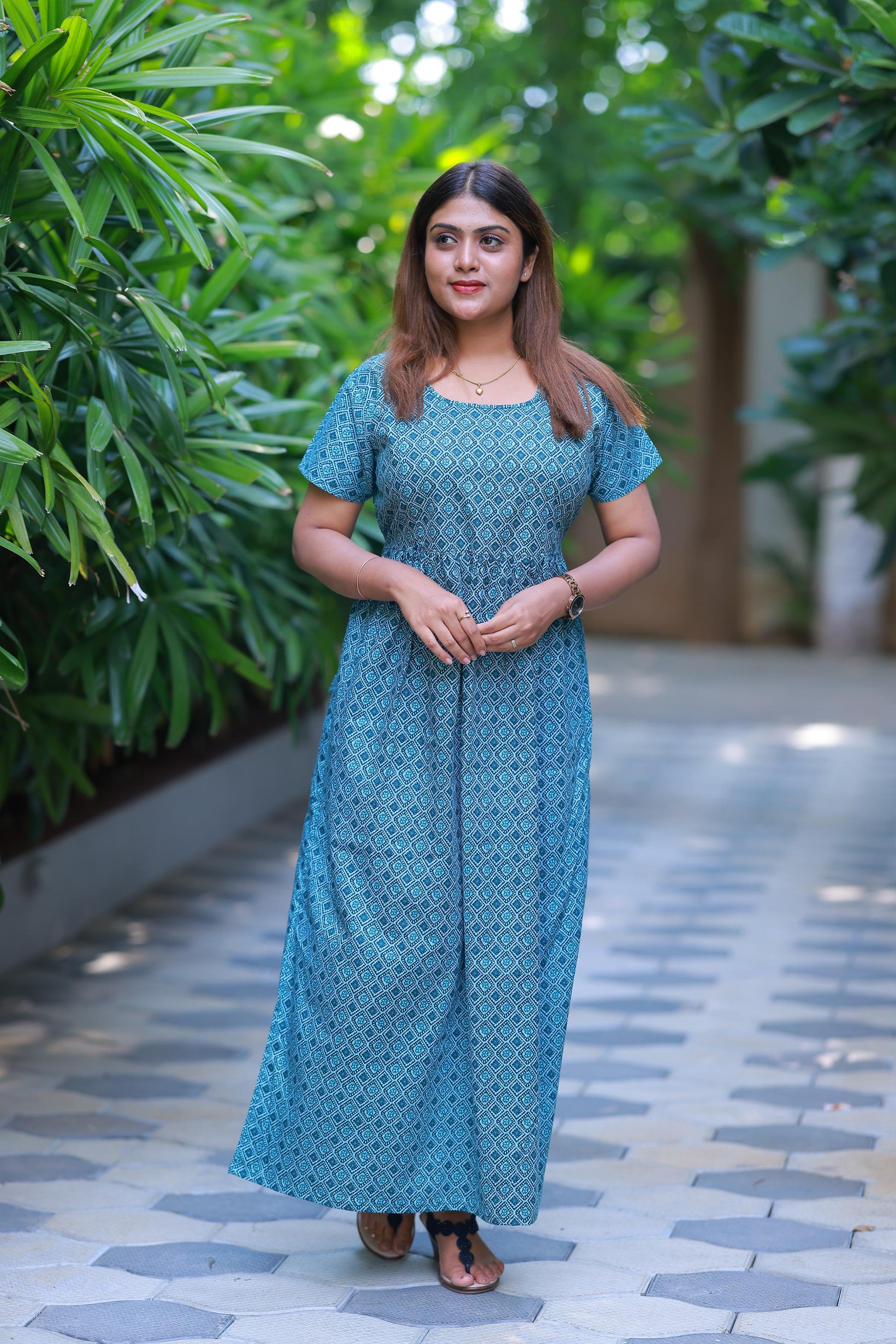 Light Blue With Gray Floral design with side zip  Frock - AHA Nightwears