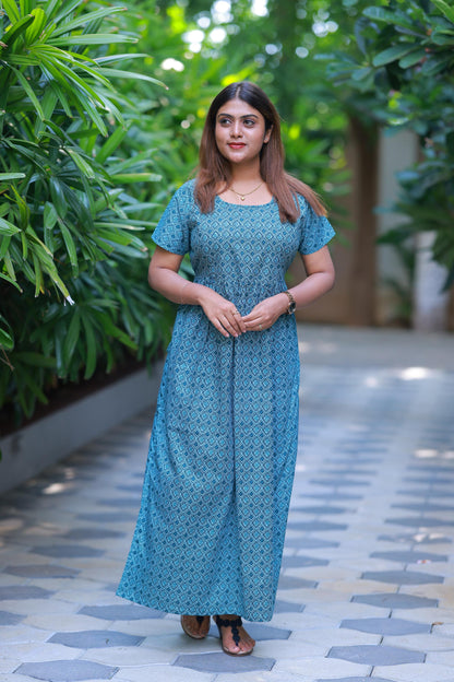 Light Blue With Gray Floral design with side zip  Frock - AHA Nightwears