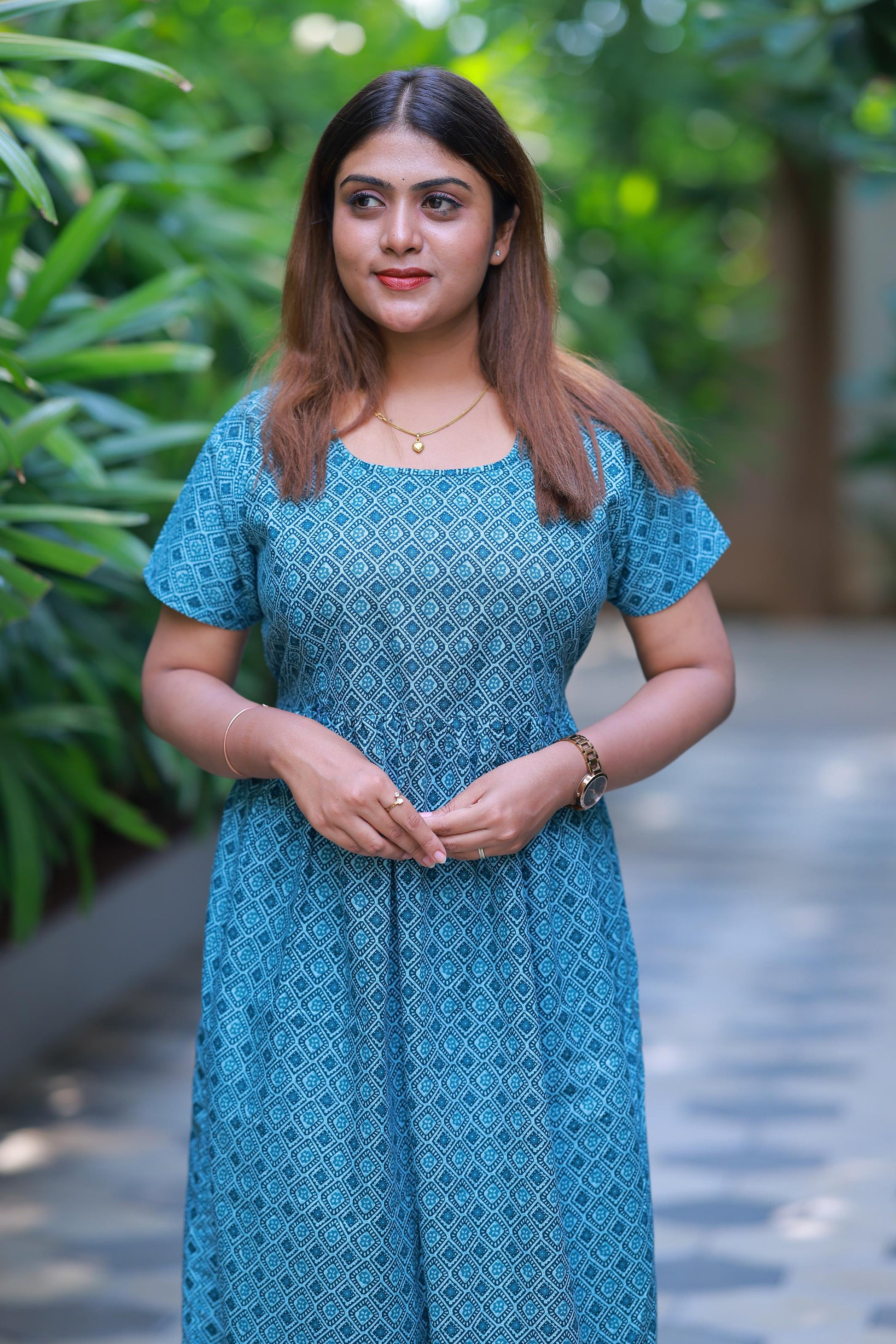 Light Blue With Gray Floral design with side zip  Frock - AHA Nightwears