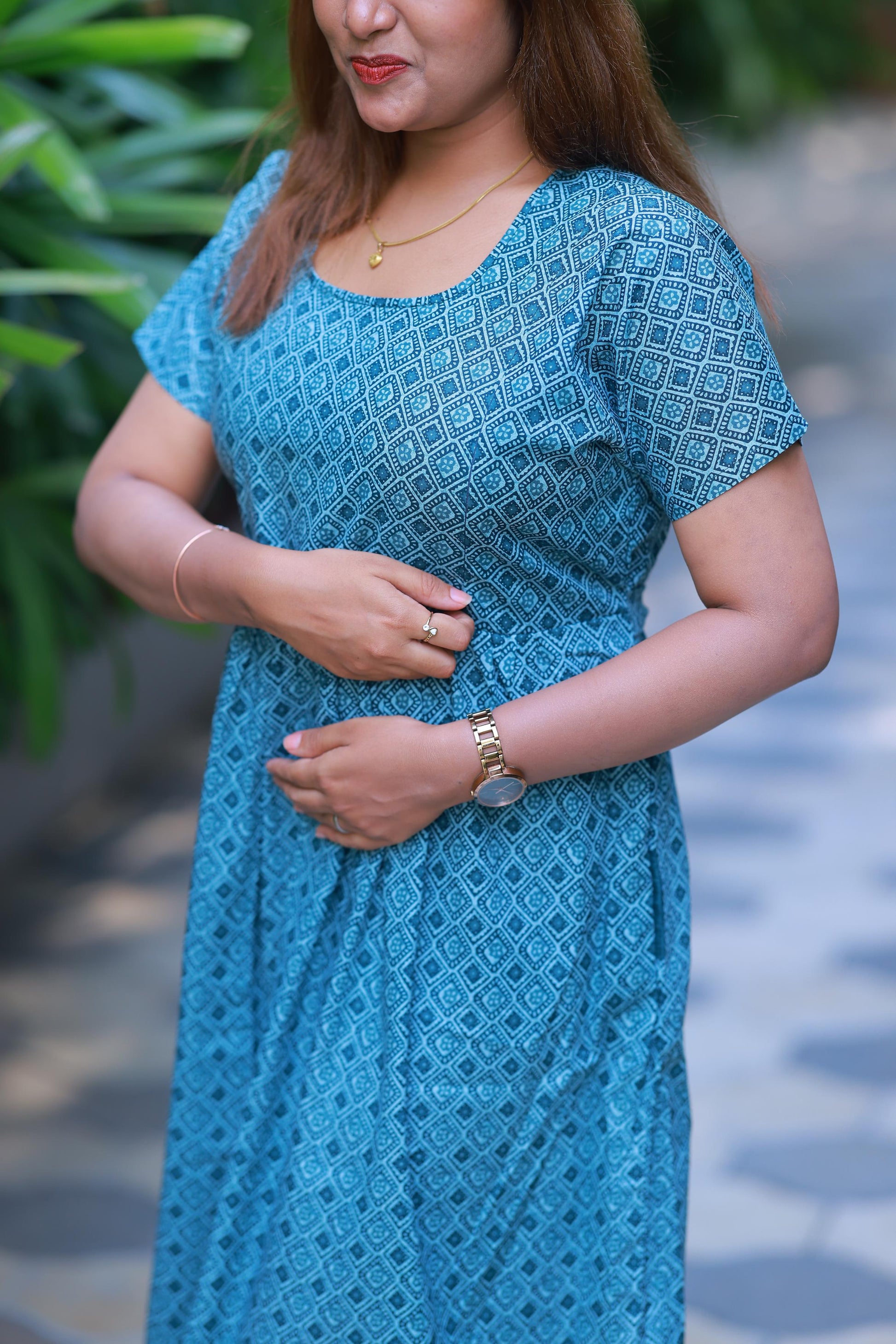 Light Blue With Gray Floral design with side zip  Frock - AHA Nightwears