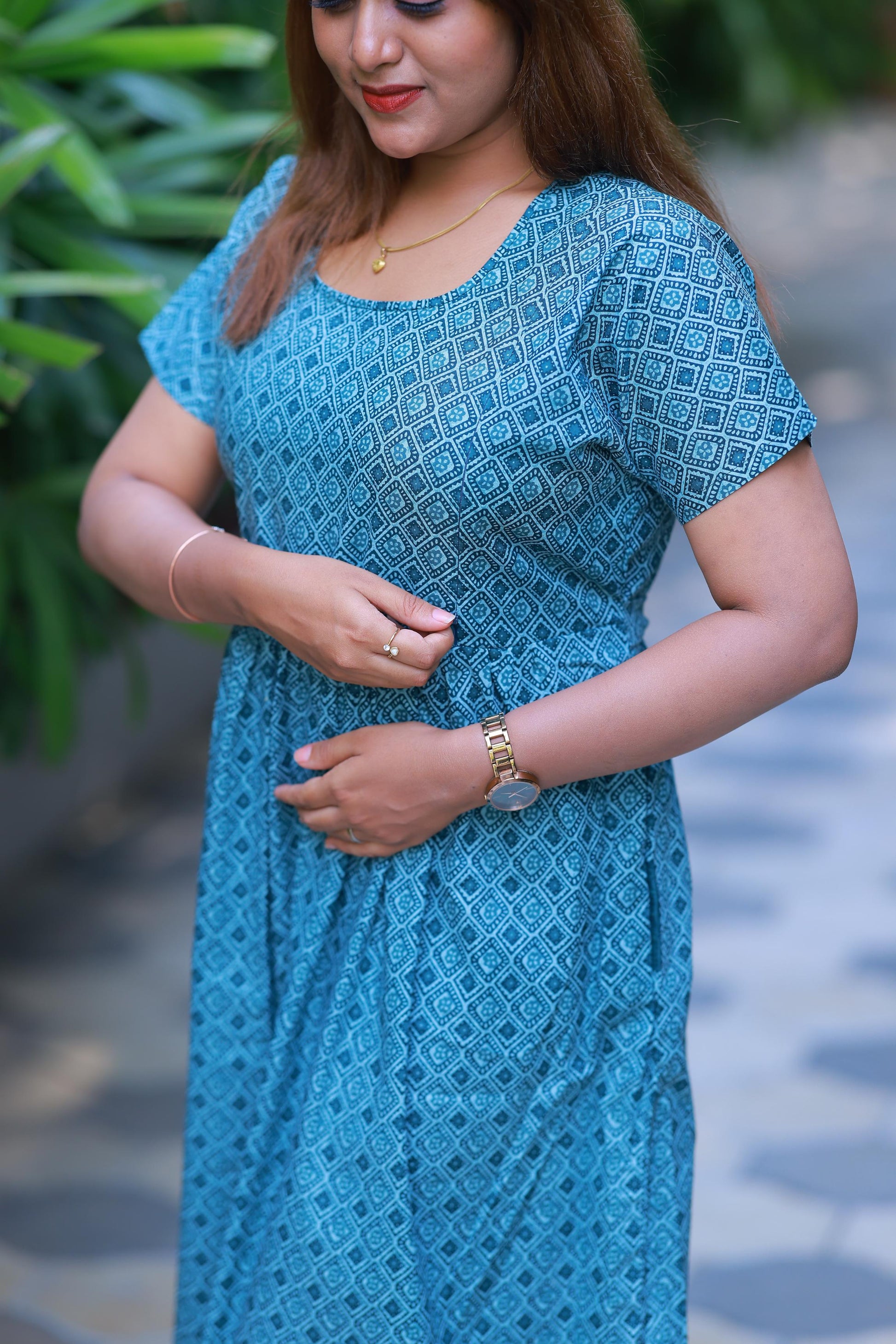 Light Blue With Gray Floral design with side zip  Frock - AHA Nightwears