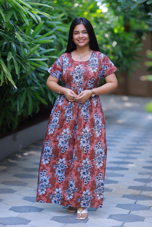 Brownish with White Floral side zip Frock - AHA Nightwears