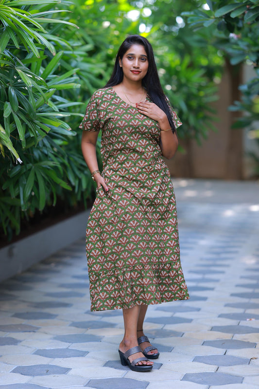 Green With Brown Flower Midi gown Nighty