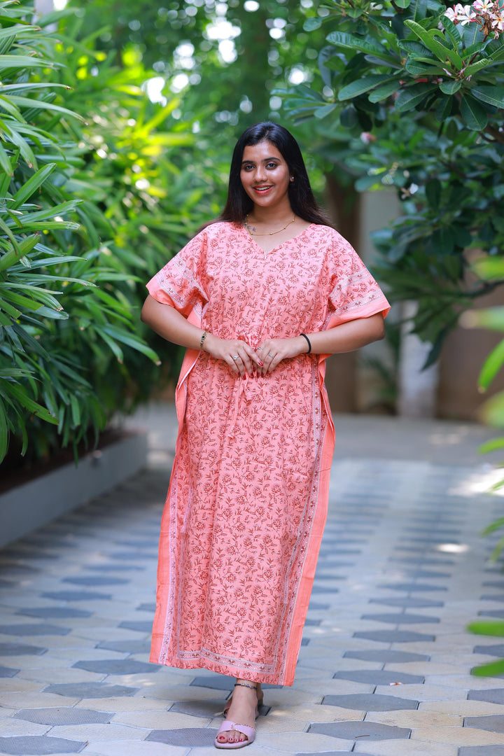 Orange With  Maroon Flower Design kaftan center zip - AHA Nightwears