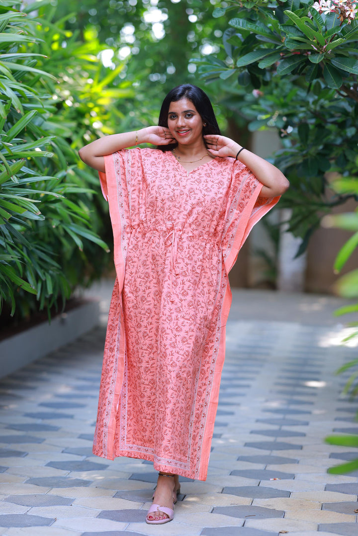 Orange With  Maroon Flower Design kaftan center zip - AHA Nightwears