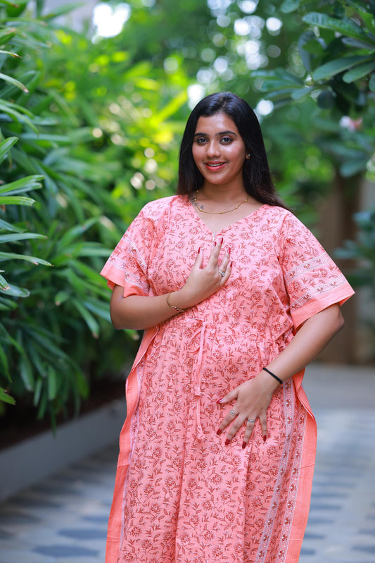 Orange With  Maroon Flower Design kaftan center zip - AHA Nightwears