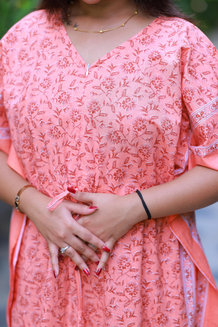 Orange With  Maroon Flower Design kaftan center zip - AHA Nightwears