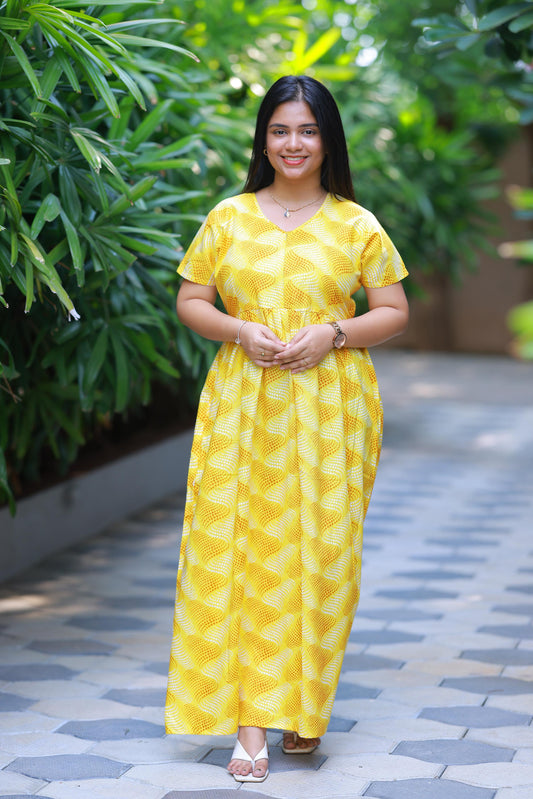 Dark Yellow with Light Yellow Floral Design With center zip Frock