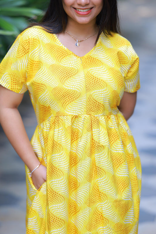 Dark Yellow with Light Yellow Floral Design With center zip Frock