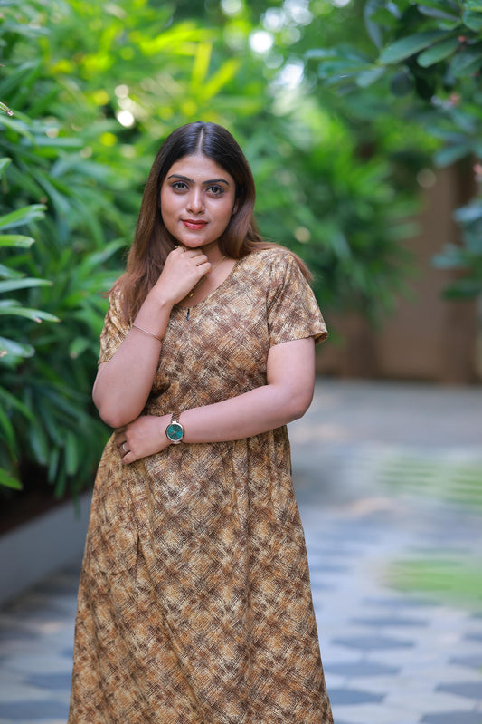 Light Brown with Dark Brown Floral Design center zip Frock