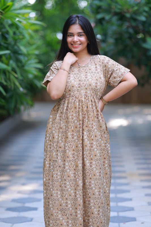 Skin Colour with Light brown Floral Design center zip Frock