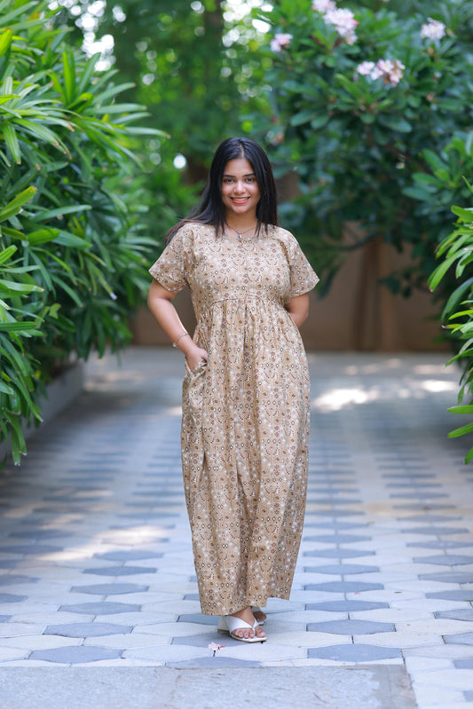 Skin Colour with Light brown Floral Design center zip Frock