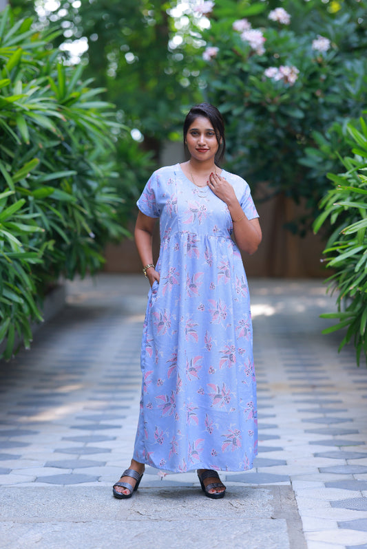 Light Blue with gray & pink floral Alphine desing side zip Frock