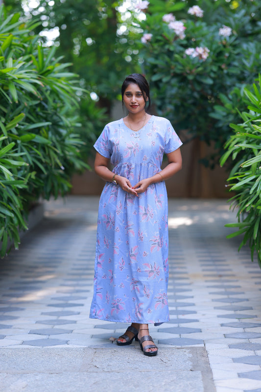 Light Blue with gray & pink floral Alphine desing side zip Frock