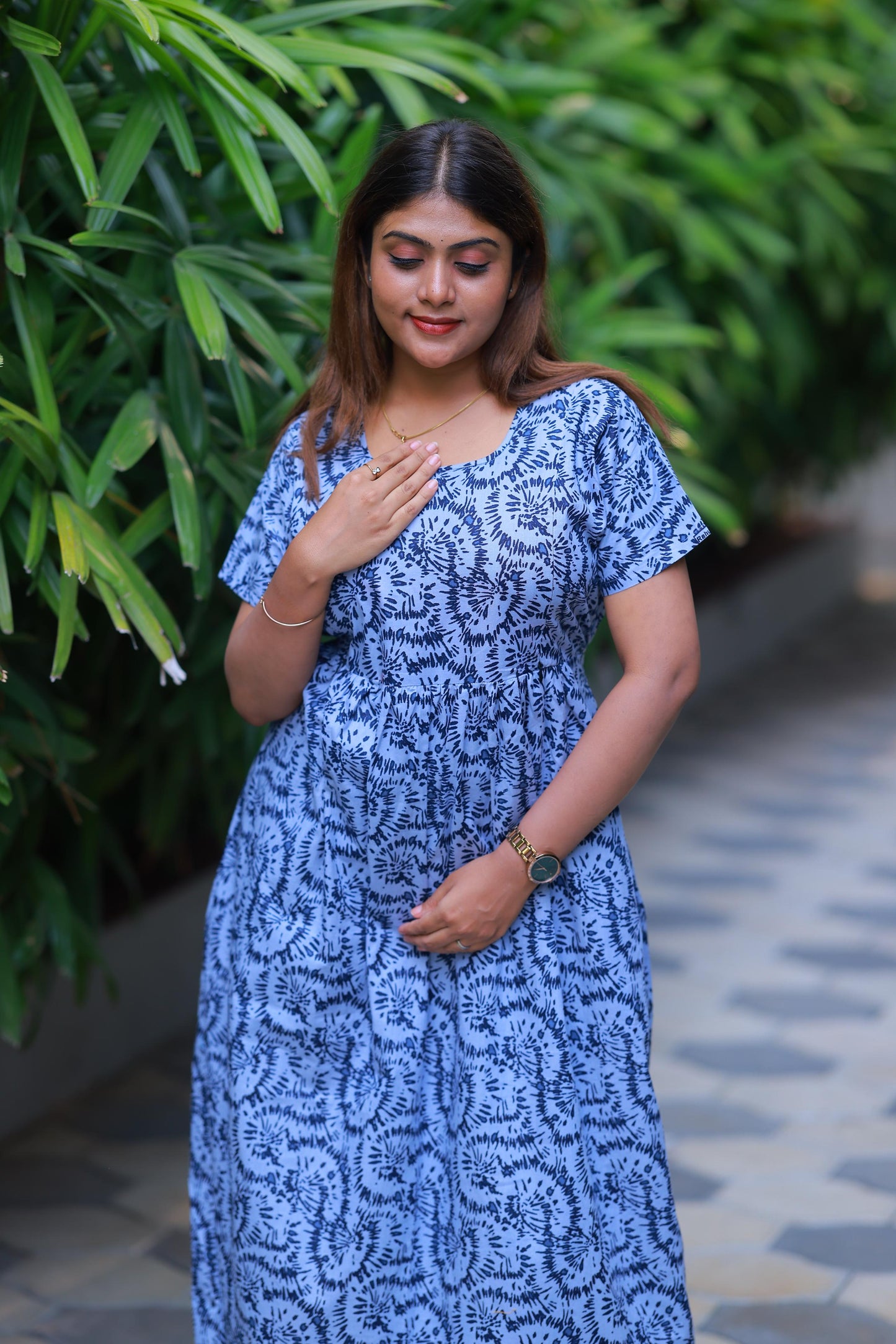 Dark Blue With Gray Floral design with side zip Frock
