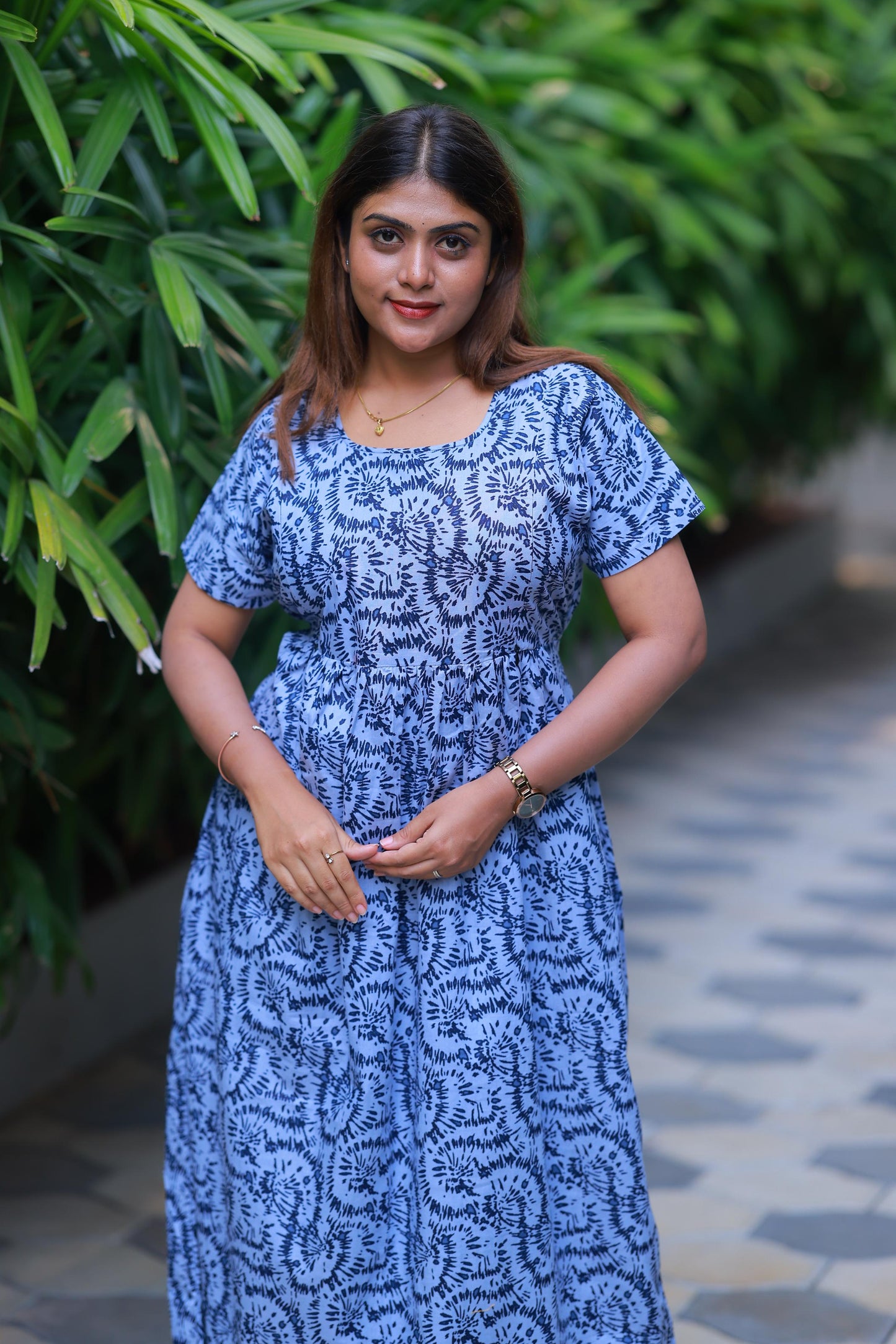 Dark Blue With Gray Floral design with side zip Frock