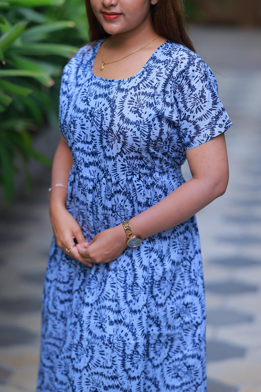 Dark Blue With Gray Floral design with side zip Frock