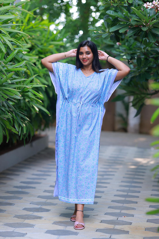 Light Gray With Sky Blue Flower Design kaftan center zip