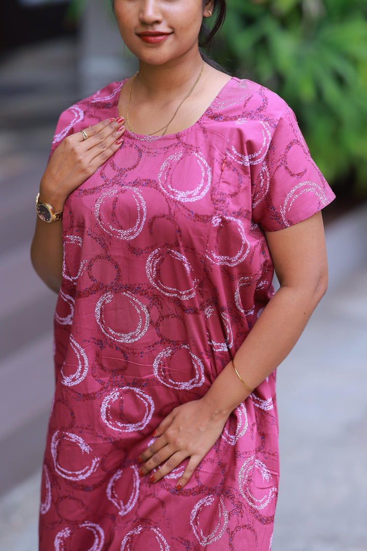 Dark Peach Pink With White Design Vertical Side Zip Feeding Nighty - AHA Nightwears