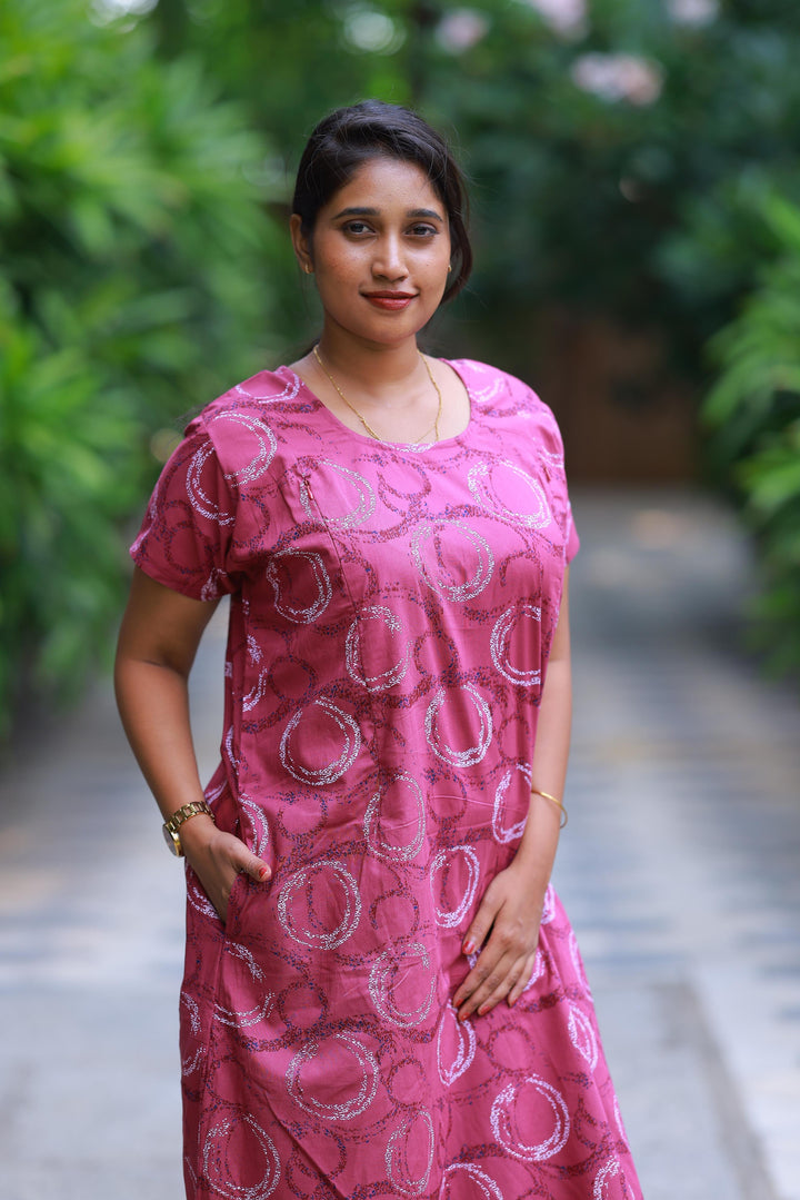 Dark Peach Pink With White Design Vertical Side Zip Feeding Nighty - AHA Nightwears