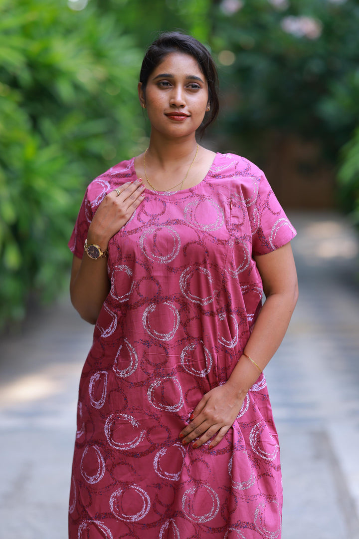 Dark Peach Pink With White Design Vertical Side Zip Feeding Nighty - AHA Nightwears