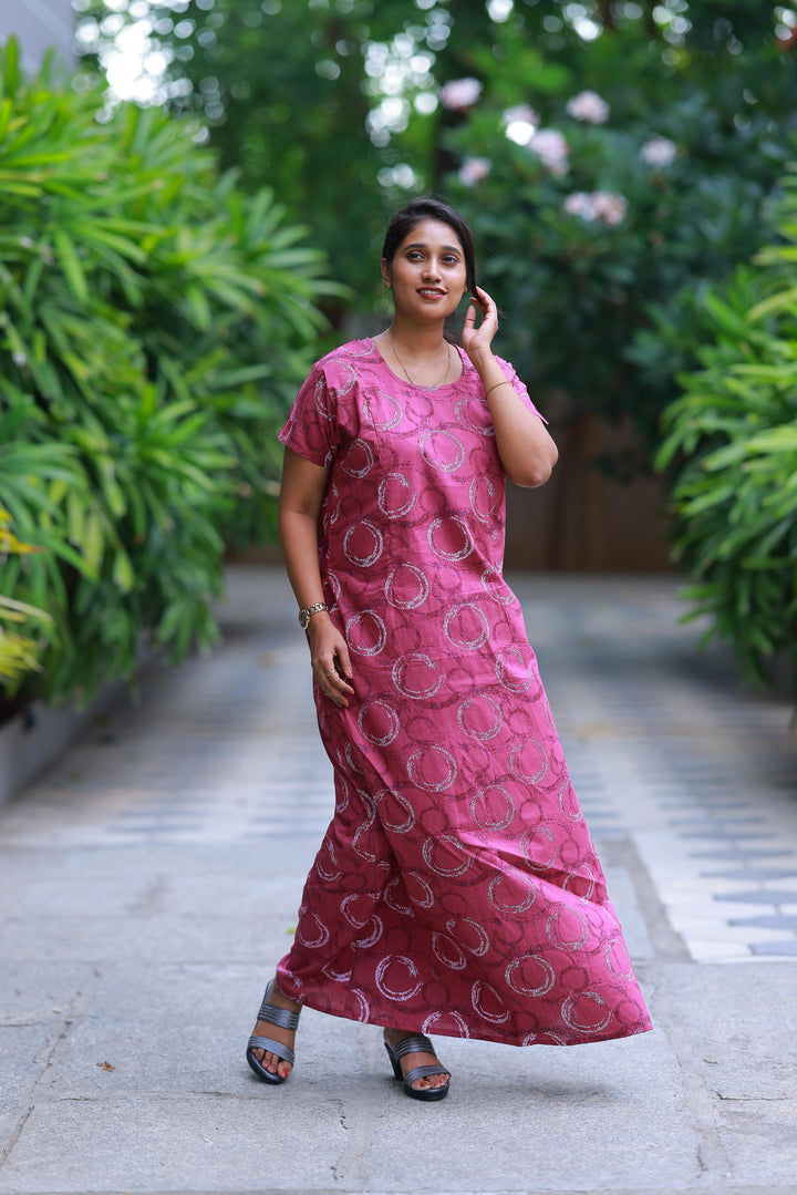 Dark Peach Pink With White Design Vertical Side Zip Feeding Nighty - AHA Nightwears