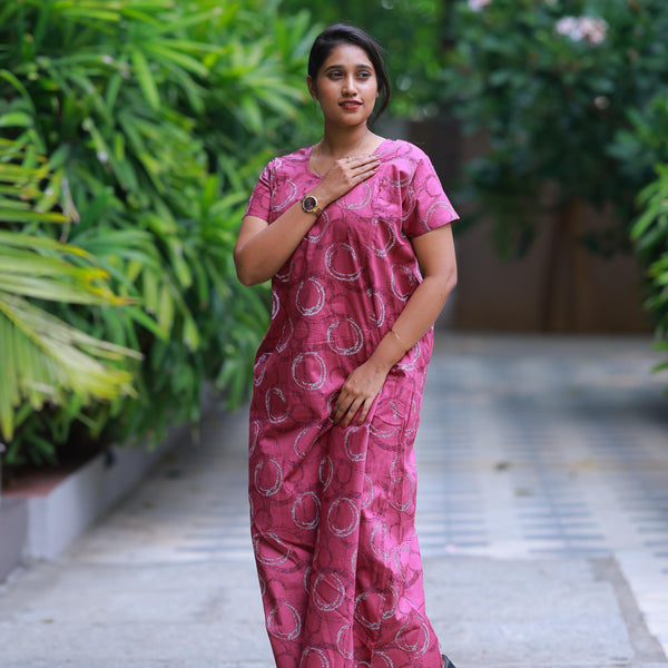 Dark Peach Pink With White Design Vertical Side Zip Feeding Nighty - AHA Nightwears