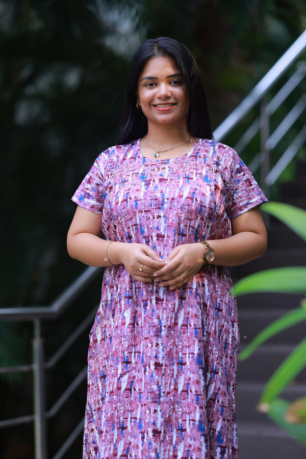 Light Pink With White Design Vertical Side Zip Feeding Nighty