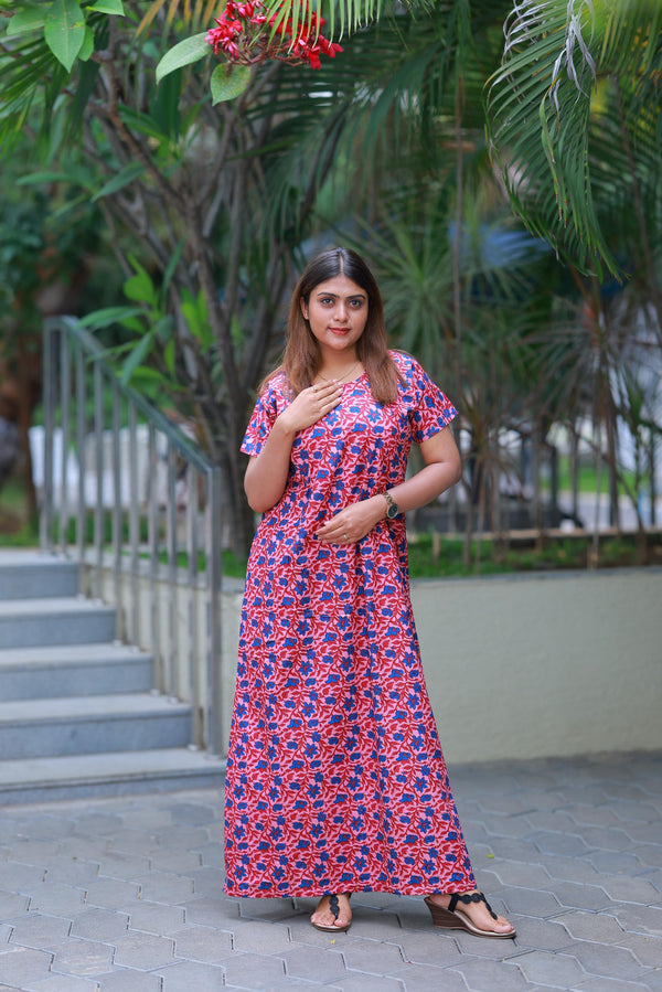 Pink With Blue Flower Design Vertical Side Zip Feeding Nighty - AHA Nightwears