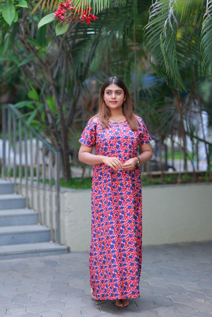 Pink With Blue Flower Design Vertical Side Zip Feeding Nighty - AHA Nightwears