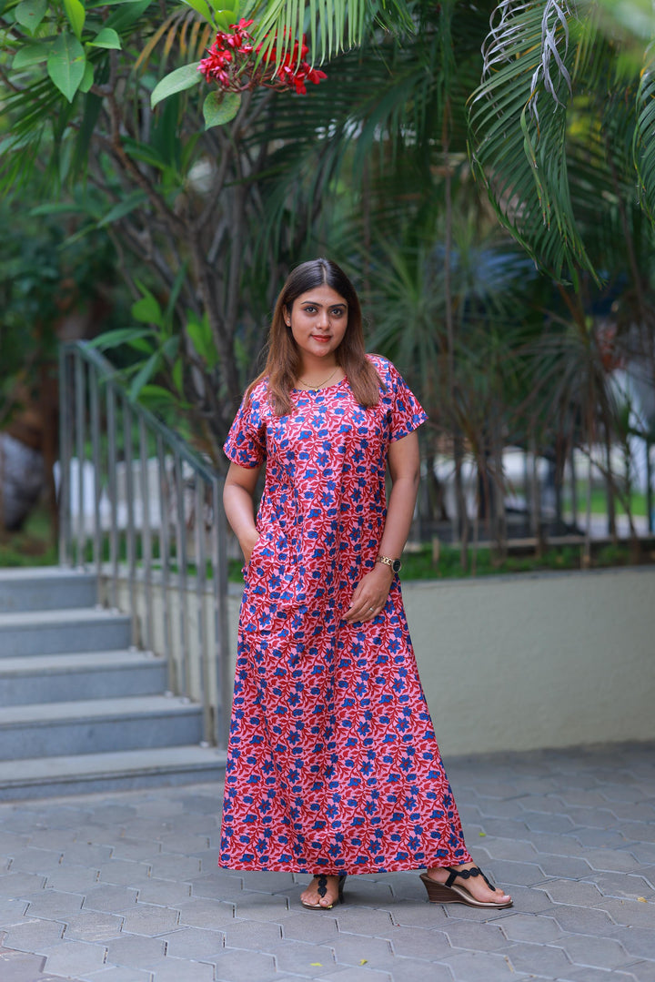 Pink With Blue Flower Design Vertical Side Zip Feeding Nighty - AHA Nightwears