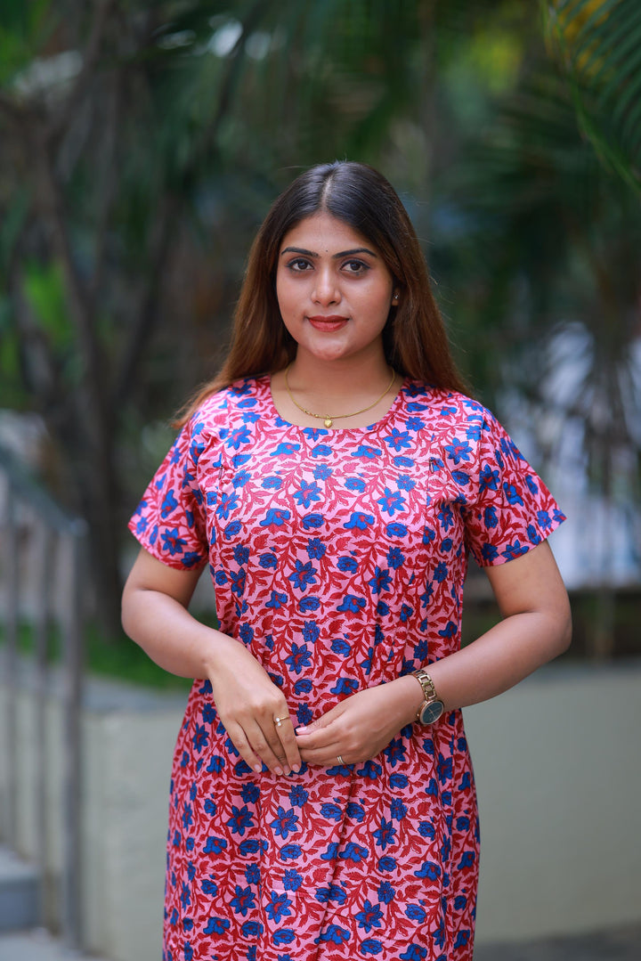 Pink With Blue Flower Design Vertical Side Zip Feeding Nighty - AHA Nightwears